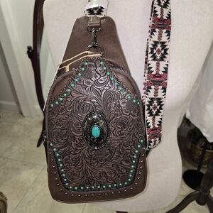 Sam & Hadley Western Tooled Sling Bag Brown Turquoise Studded Boho Crossbody